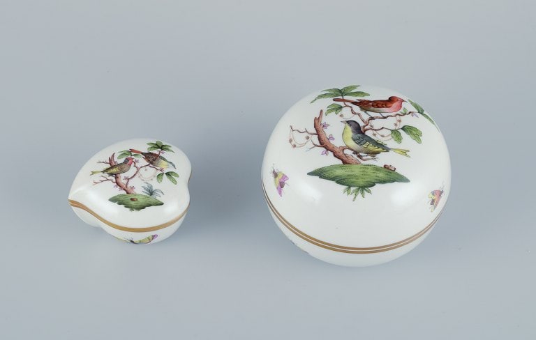Herend, Hungary. Two porcelain lidded jars hand-painted with butterflies and birds on branches. Gold - 2