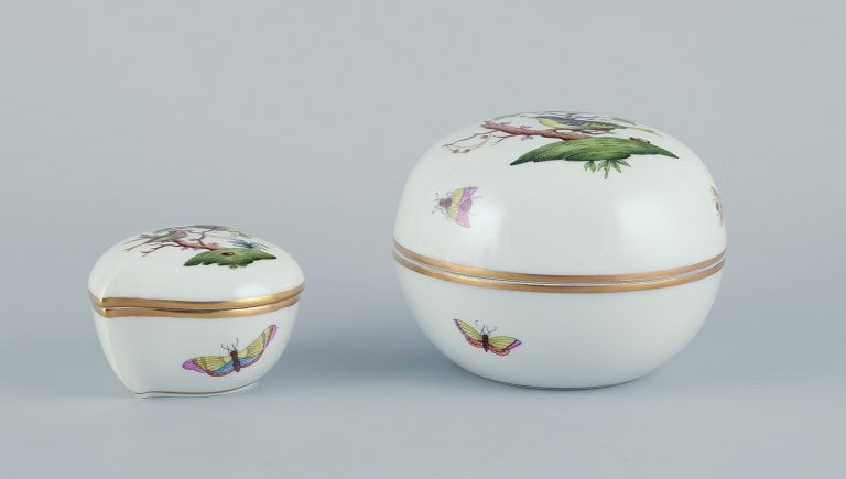 Herend, Hungary. Two porcelain lidded jars hand-painted with butterflies and birds on branches. Gold - 7