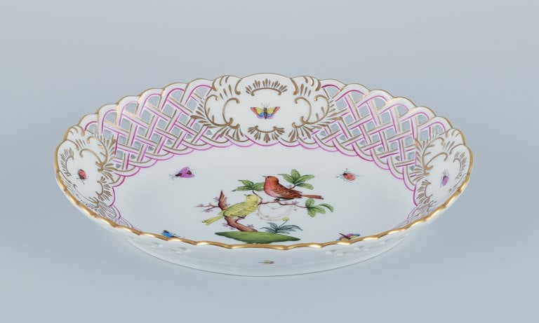 Herend, Hungary. Oval open lace porcelain bowl hand-painted with butterflies and birds on branches. - 2