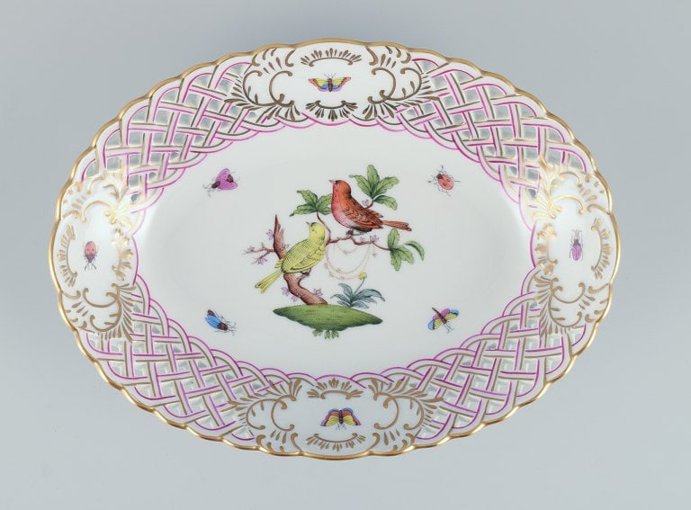 Herend, Hungary. Oval open lace porcelain bowl hand-painted with butterflies and birds on branches. - 4