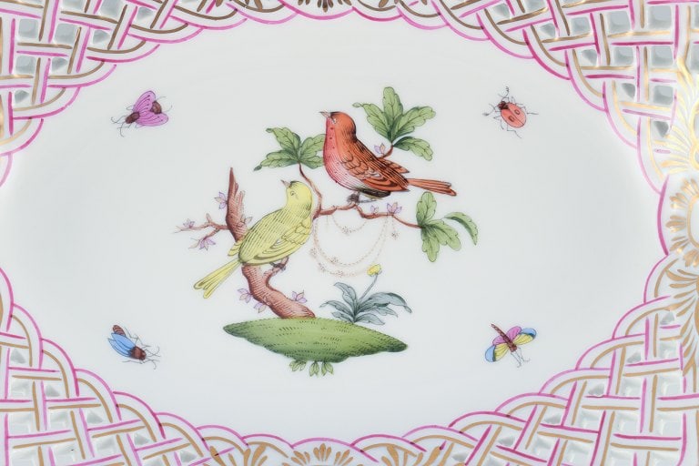 Herend, Hungary. Oval open lace porcelain bowl hand-painted with butterflies and birds on branches. - 5