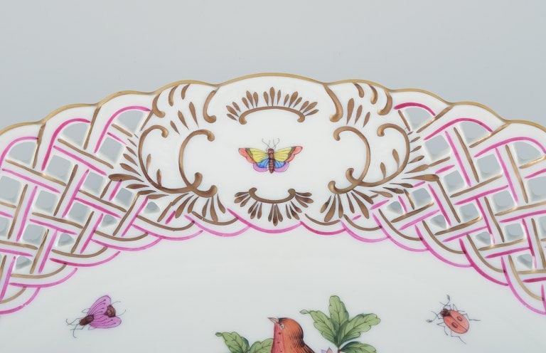 Herend, Hungary. Oval open lace porcelain bowl hand-painted with butterflies and birds on branches. - 6