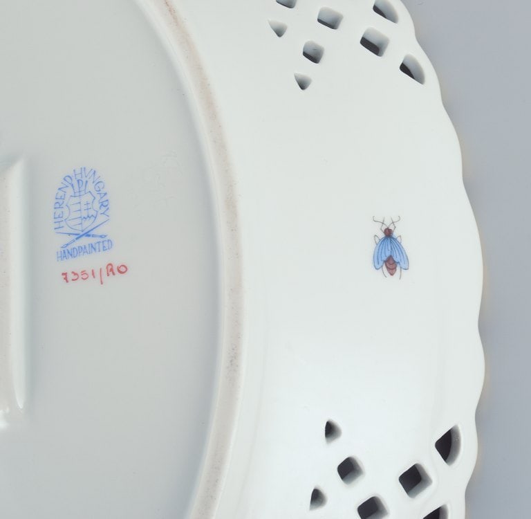 Herend, Hungary. Oval open lace porcelain bowl hand-painted with butterflies and birds on branches. - 7
