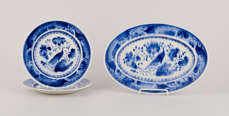 Aluminia, Denmark. Oval dish and two plates. Peacock pattern. Faience. - 2