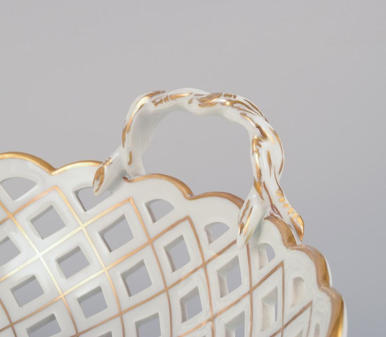 Meissen, Germany. Colossal open lace oval bowl. Hand-painted with polychrome flower motifs and gold - 7