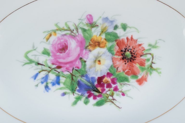 Bing & Grondahl, two oval platters hand-painted with polychrome flower motifs and gold trim. - 4