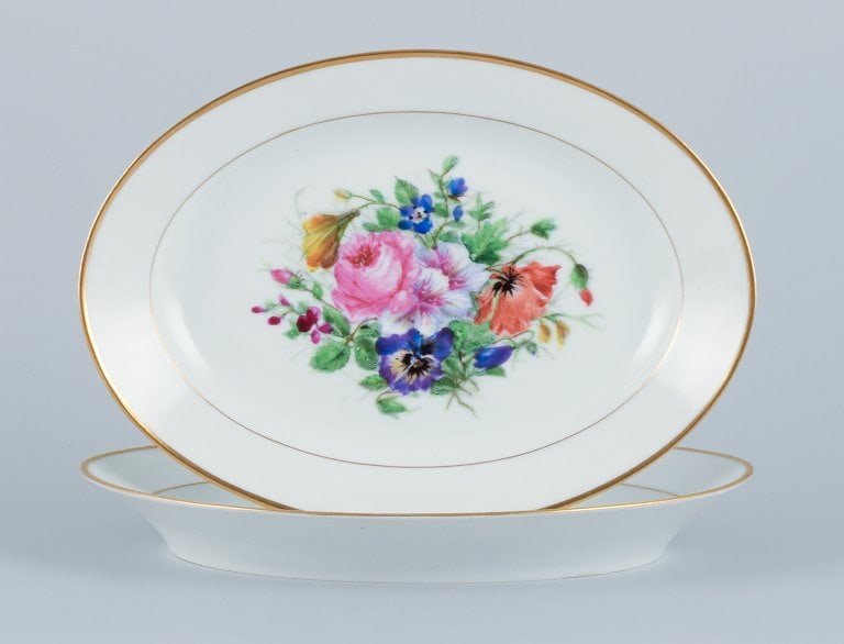 Bing & Grøndahl, two oval platters hand-painted with polychrome flower motifs and gold trim. - 2