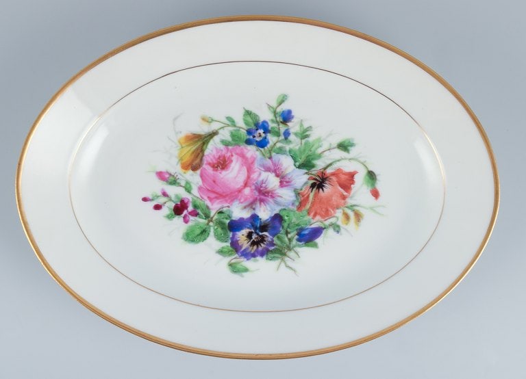 Bing & Grøndahl, two oval platters hand-painted with polychrome flower motifs and gold trim. - 3
