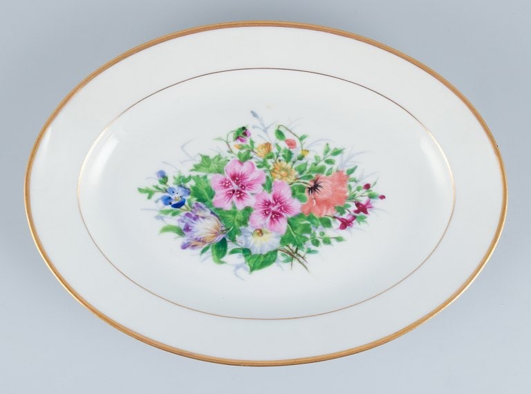Bing & Grøndahl, two oval platters hand-painted with polychrome flower motifs and gold trim. - 4