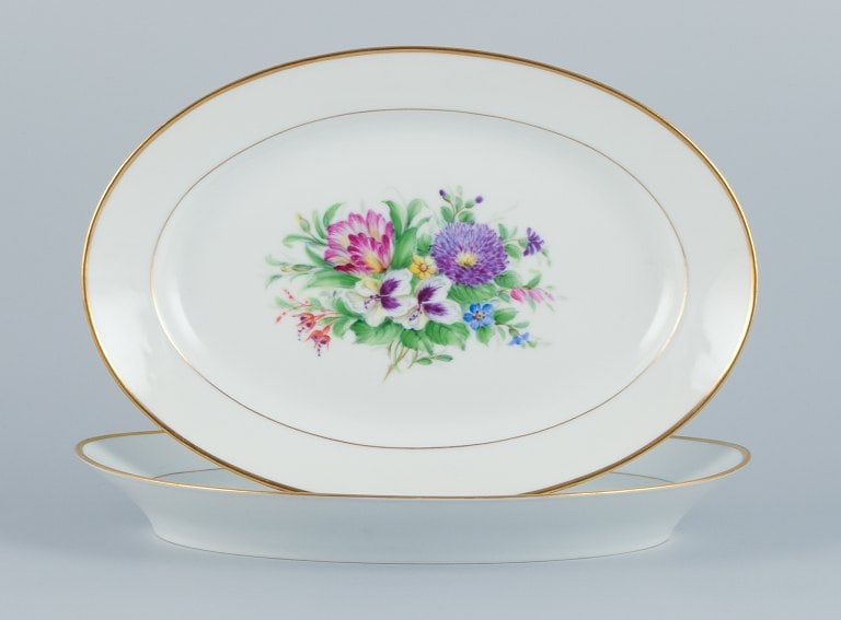 Bing & Grøndahl, two large oval platters hand-painted with polychrome flower motifs and gold - 2