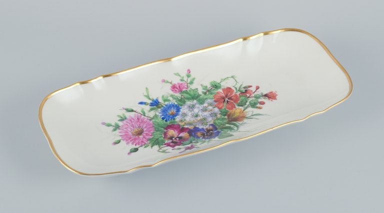 Bing & Grondahl, large rectangular platter hand-painted with polychrome flower motifs and gold trim. (1 of 7)