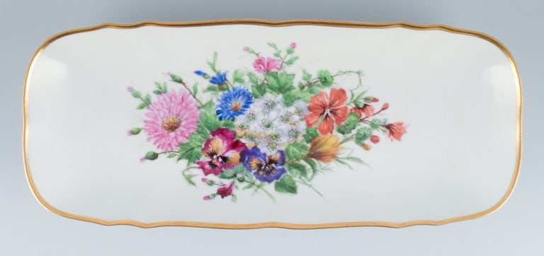 Bing & Grondahl, large rectangular platter hand-painted with polychrome flower motifs and gold trim. - 4
