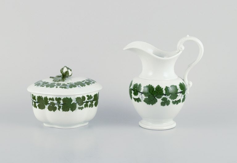 Meissen Green Ivy Vine, a large sugar bowl and a large creamer. - 2