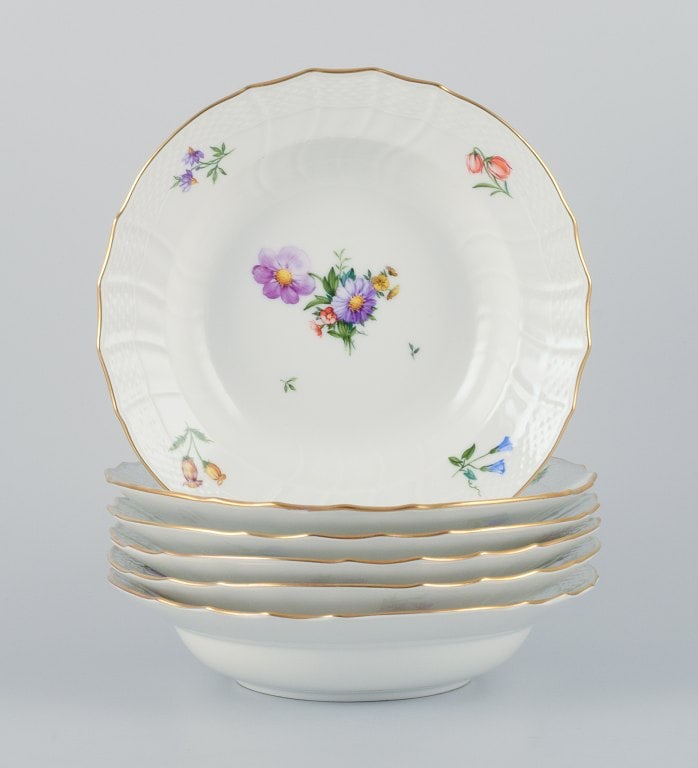 Royal Copenhagen, six Saxon Flower deep plates. Hand-painted with various polychrome flower motifs. - 2