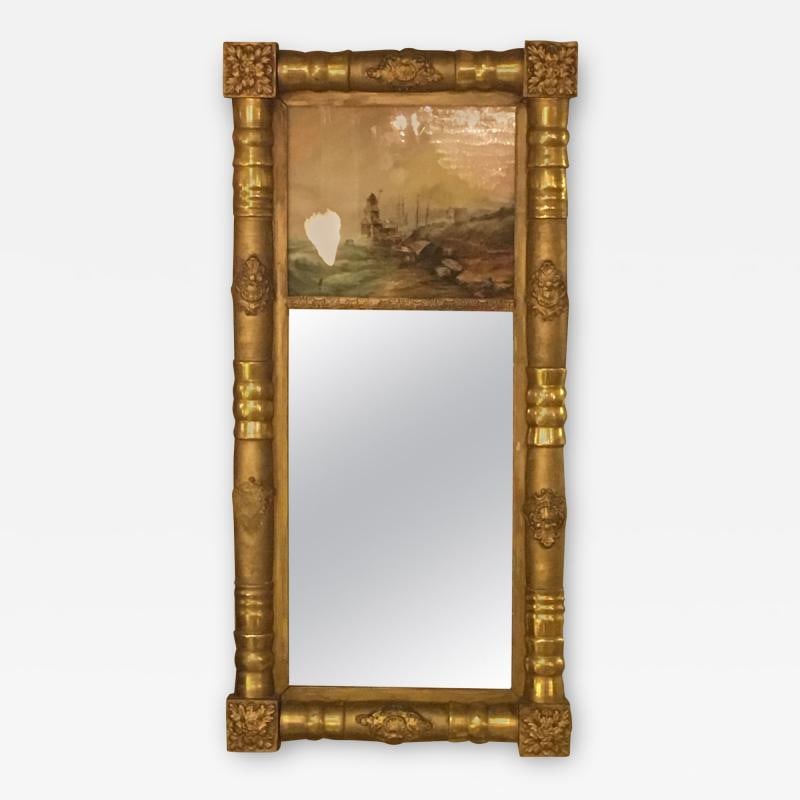 19th-20th Century Federal Style Crest Mirror: Description: 19th-20th century Federal style crest mirror. In a very fine water gilt bamboo form frame. The reflection from a hanging chandelier is what is appearing as a globe in the picture.