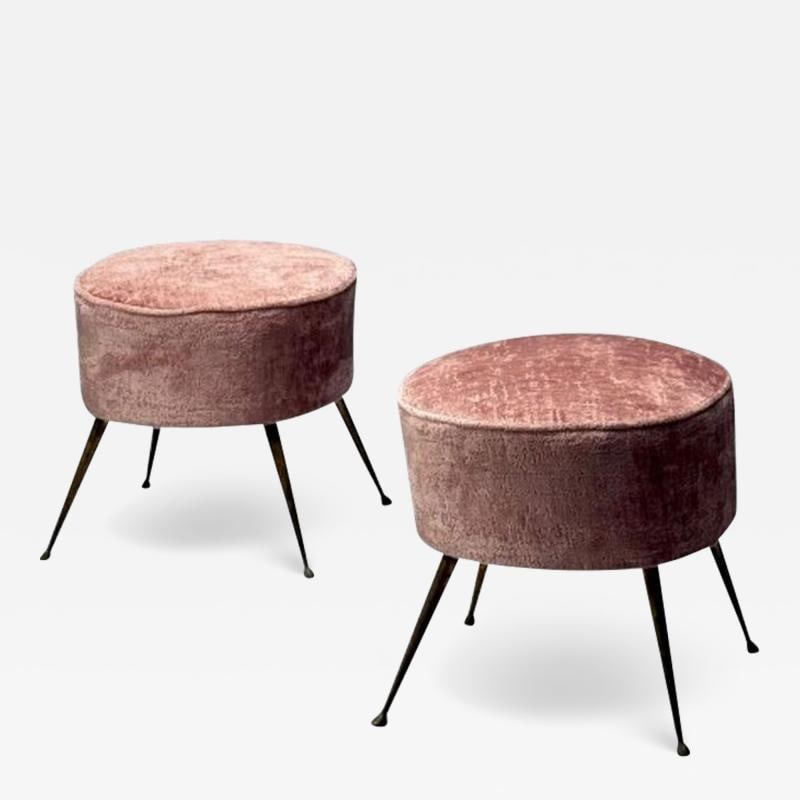 Italian Mid-Century Modern, Footstools, Patinated Brass, Pink Velvet, 1950s: Description: Italian Mid-Century Modern, Footstools, Patinated Brass, Pink Velvet, 1950s This elegant pair of modernist Italian stools, designed in the 20th century, features beautifully patinated