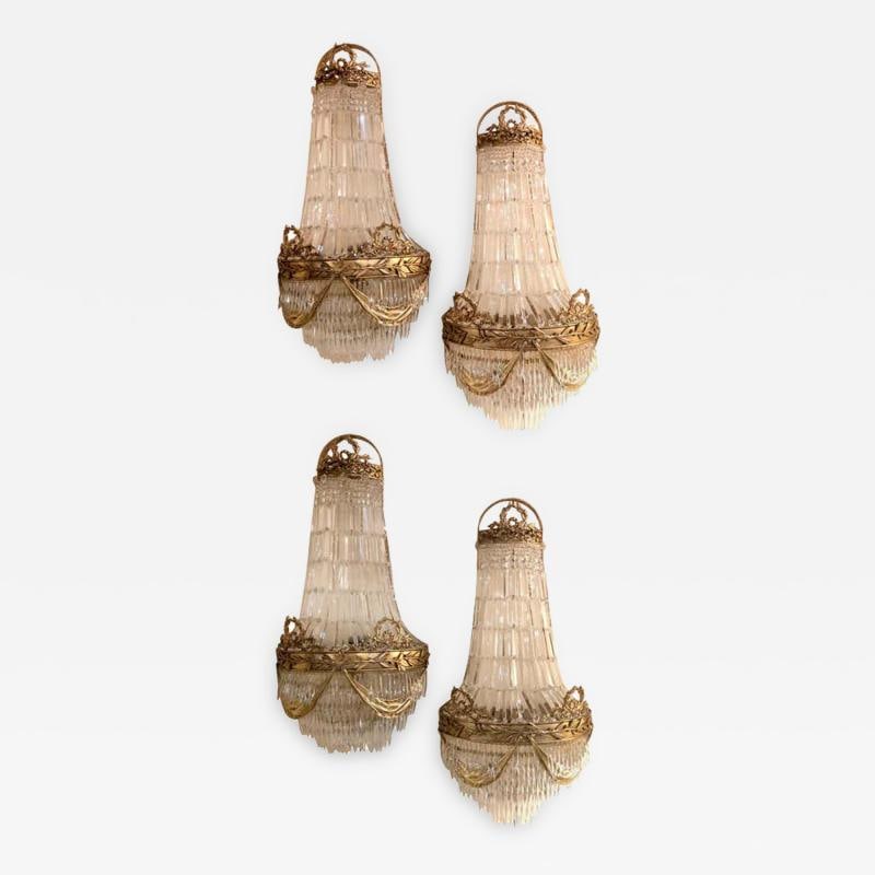Louis XVI Style, Wall Sconces, Basket Form, Gilt Bronze, Crystal, France, 1940s: Description: Louis XVI Style, Wall Sconces, Basket Form, Gilt Bronze, Crystal, France, 1940s A pair of large basket form Louis XVI style gilt bronze and crystal wall sconces. Each example features fin