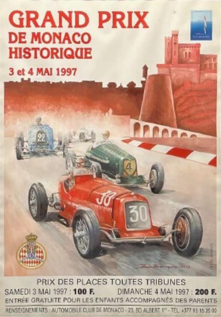 French Mid-Century Modern, Large Framed Racing Poster, Monaco Grand Prix, 1997 - 2