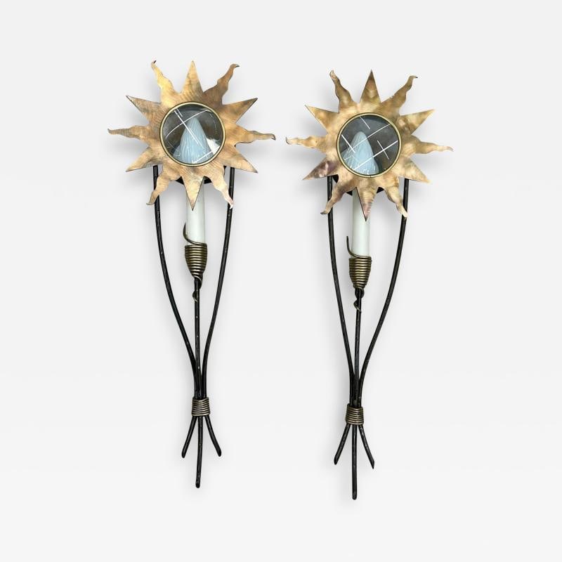 French Mid-Century Modern, Wall Sconces, Sunburst Motif, Brass, France, 1960s (1 of 11)