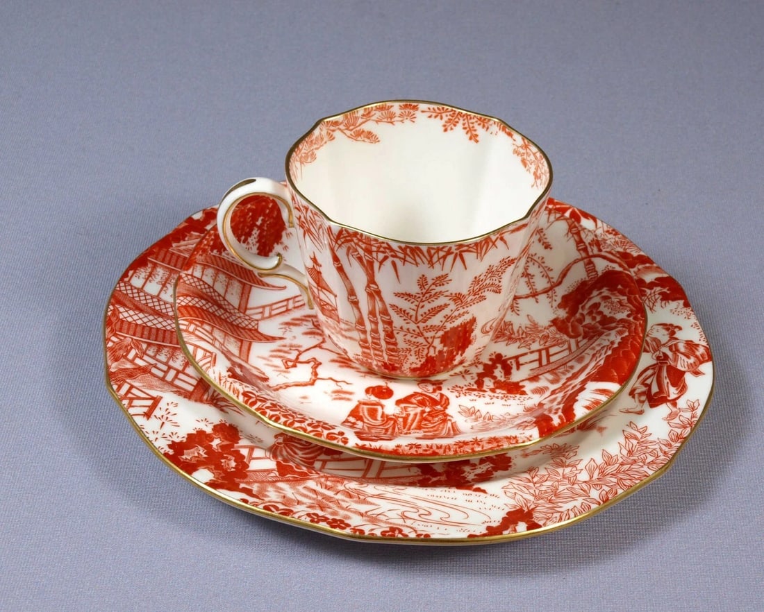 Royal Crown Derby RED Mikado Salad Plate Coffee Tea Cup Saucer Trio Setting RARE (1 of 6)