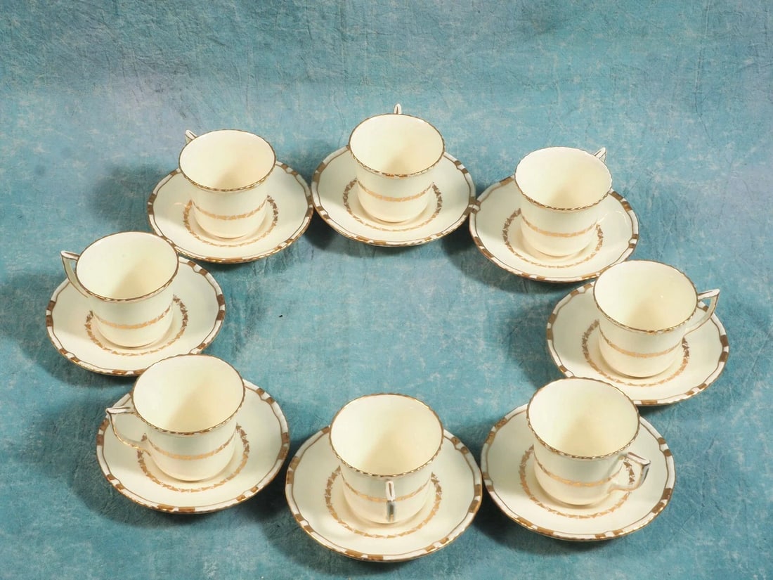 Royal Doulton Coffee Espresso SET Gold Encrusted edges Cream 1938 England: This is a gorgeous Coffee Set for 8 (eight) from Royal Doulton, Made in England. This pattern has been discontinued, it was an old, almost antique pattern, originally manufactured in 1938 and 1939, ac