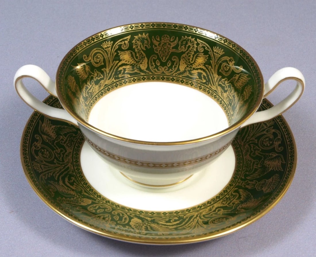 Wedgwood FLORENTINE GREEN Cream Soup Bouillon Cup Bowl Saucer Set England W4170: This is a beautiful Bone China set of one Cream Soup/Bouillon Bowl with Serving Plate/Saucer made by WEDGWOOD in Florentine Green pattern. This is a very rare and hard to find variation of this patter