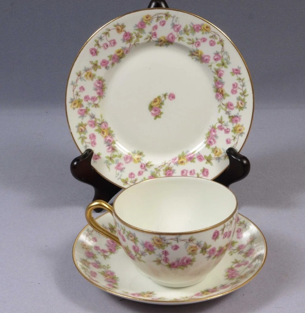 BRIDAL WREATH Rose Limoges France J & B Coffee Tea cup Saucer Plate Trio France (1 of 6)