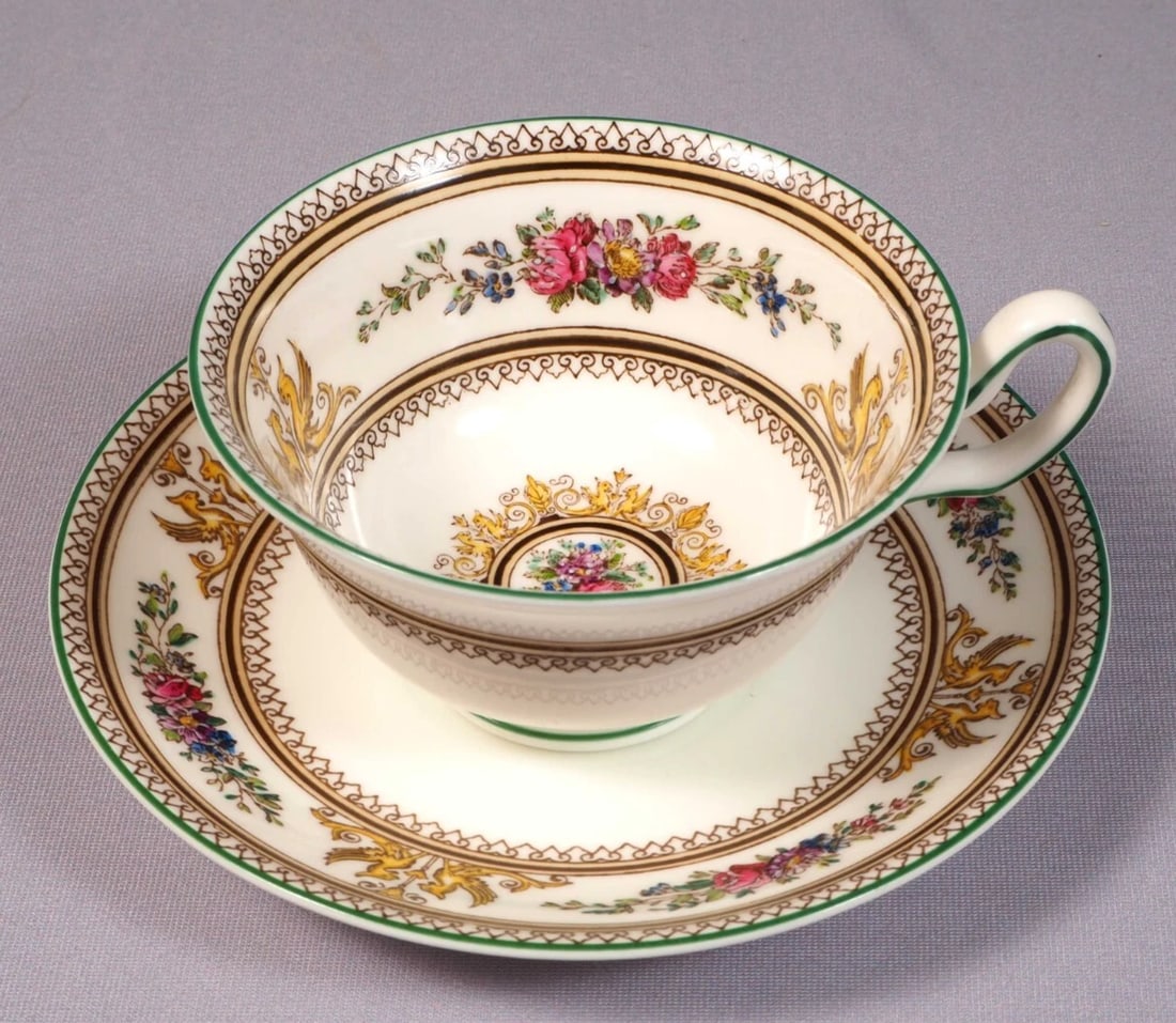 Wedgwood COLUMBIA Coffee Tea Cup Saucer England 595 Griffons Floral Vintage: This is very rare and beautiful set of one Coffee/Teacup with Saucer made by WEDGWOOD in Columbia pattern. This pattern was first introduced in 1924. It is characterized by an ornate border with flowe