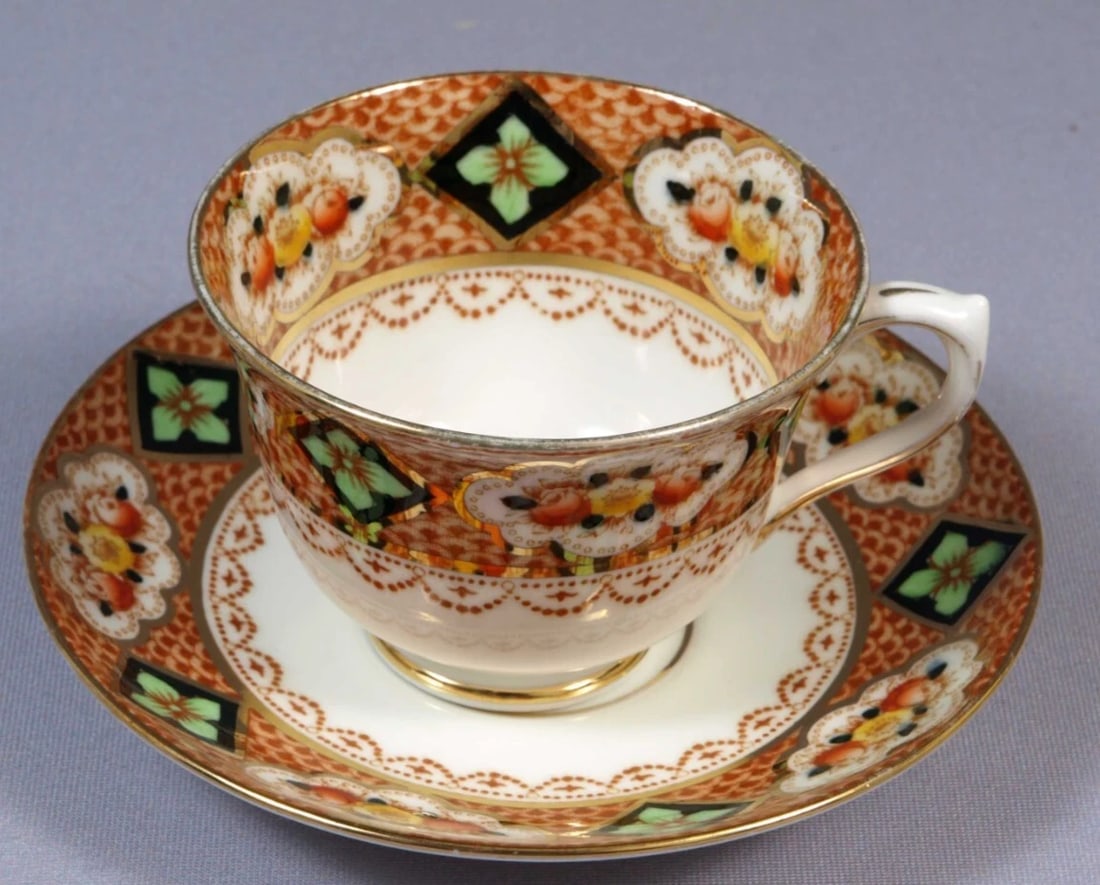 Royal Albert Crown China Devon Lovain Imari Green Coffee Tea Cup Saucer Setting (1 of 4)