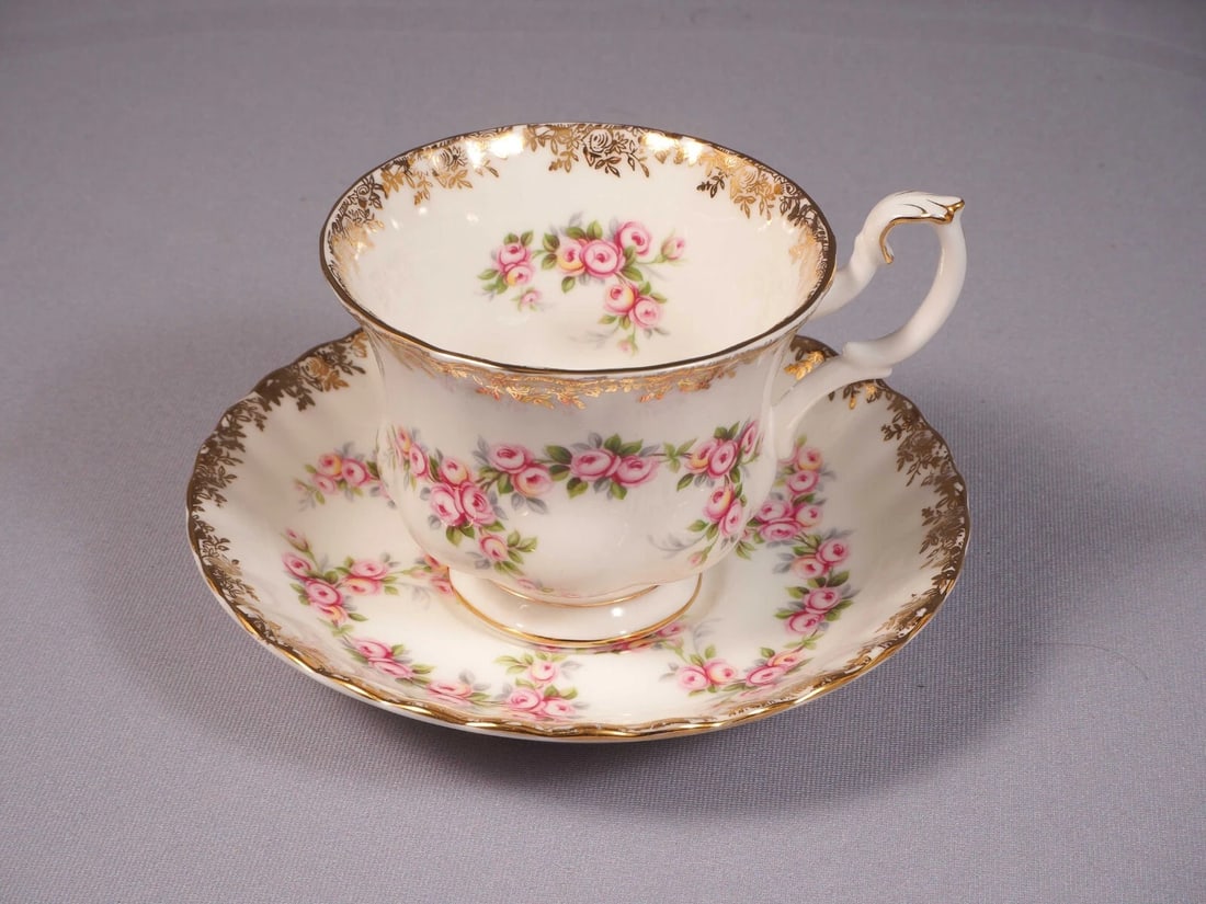 Royal Albert DIMITY Rose Coffee Tea Set Cup Saucer Set England: This is a stunning Tea/Coffee Cup and Saucer set. It is from the Dimity Rose pattern by Royal Albert - Made in England. The set is properly marked with Royal Albert back stamp. The rims of this patter