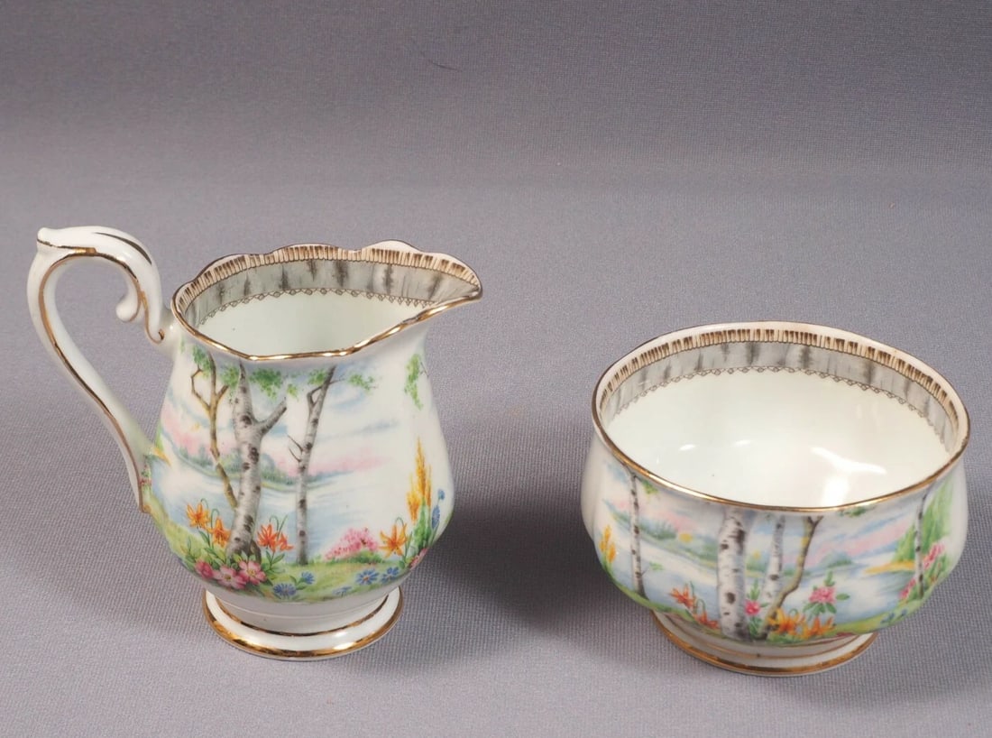 Royal Albert Silver Birch Cream Milk Creamer Jug Sugar Bowl Vintage England: This is a set of Creamer/Milk jug and open sugar bowl. The set is from the Silver Birch Collection. The set is made by Royal Albert in England. It is properly marked with Royal Albert back stamp. The 