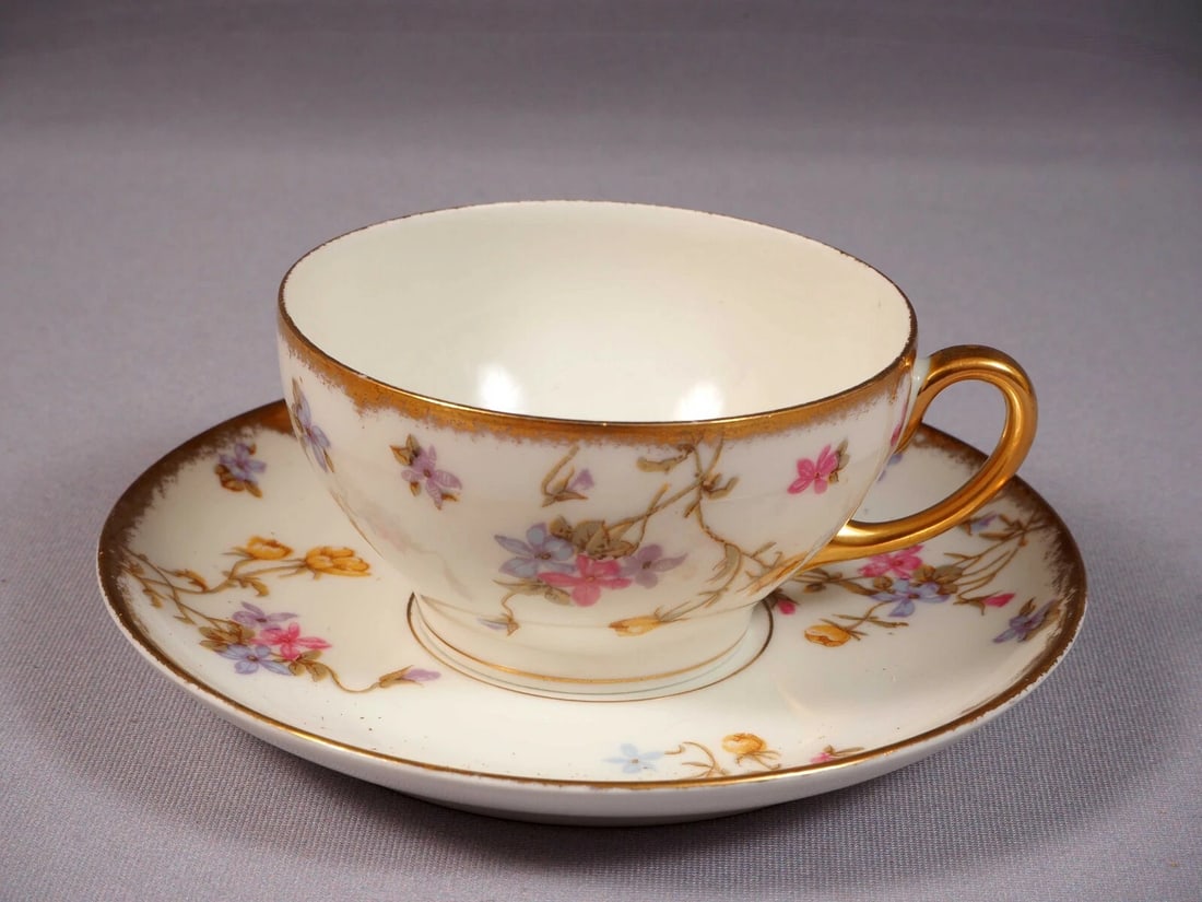 Limoges France Bawo Dotter Elite Coffee Tea Cup Saucer Set Violets BWD29 Smooth (1 of 4)