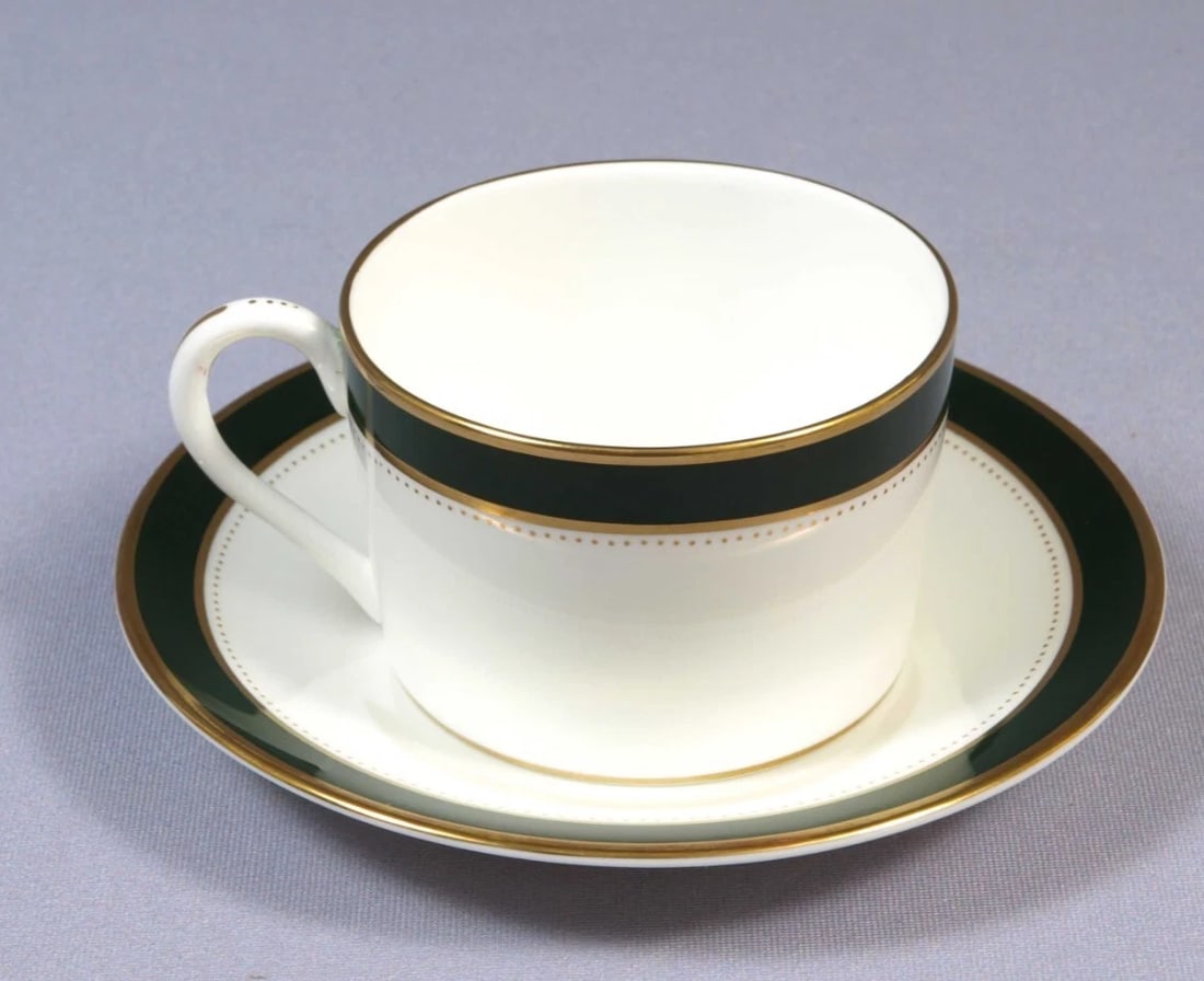 Coalport Olive Dark Green NORFOLK Flat Coffee Tea CUP Saucer England: This is a set of Tea/Coffee cup and Saucer made by Coalport, England. The set is in Norfolk Pattern, the green variation. The pattern includes gold rim, green band and gold dots. It is properly marked