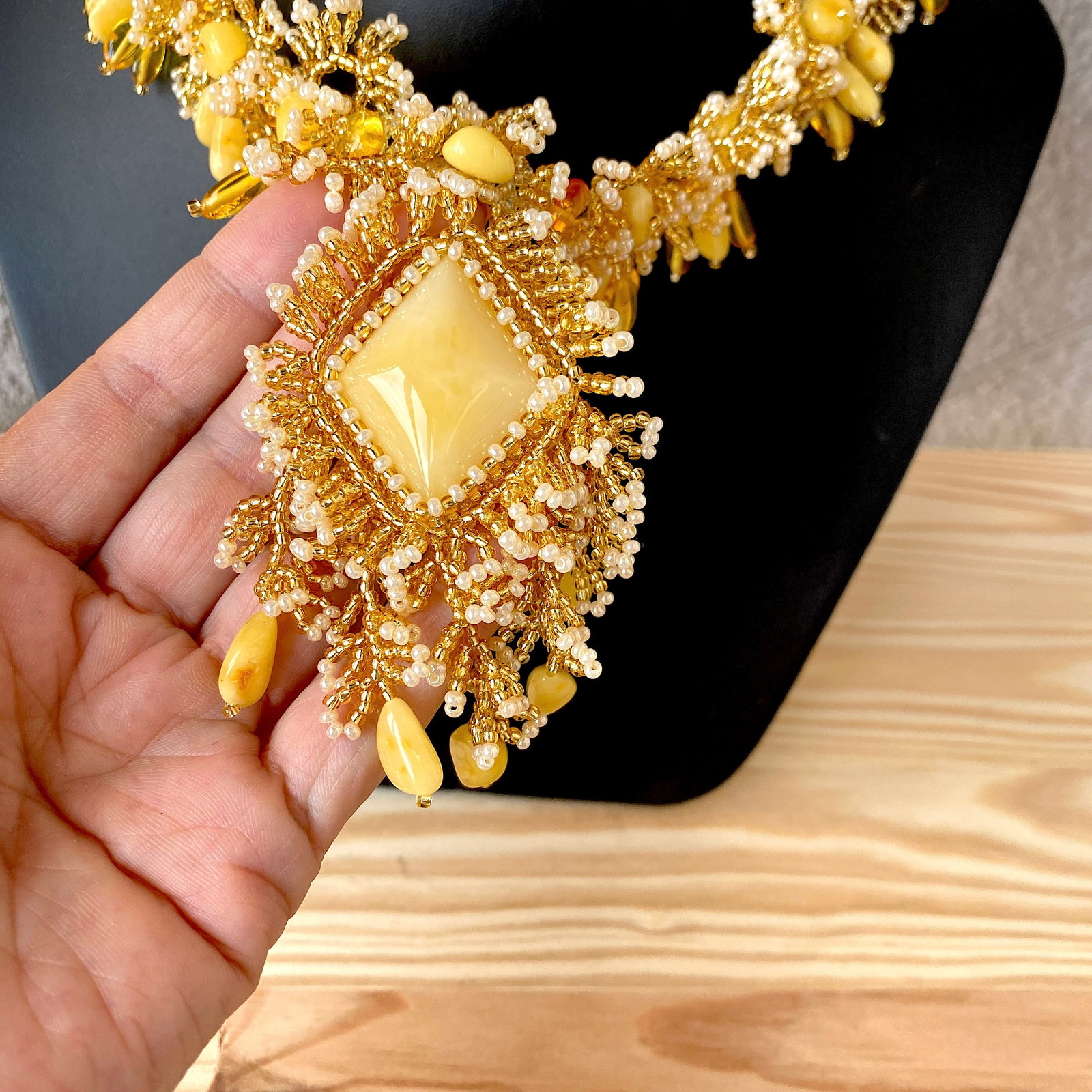 Unique and Outstanding Amber Floral Necklace made from leaf like bead ornaments - 10