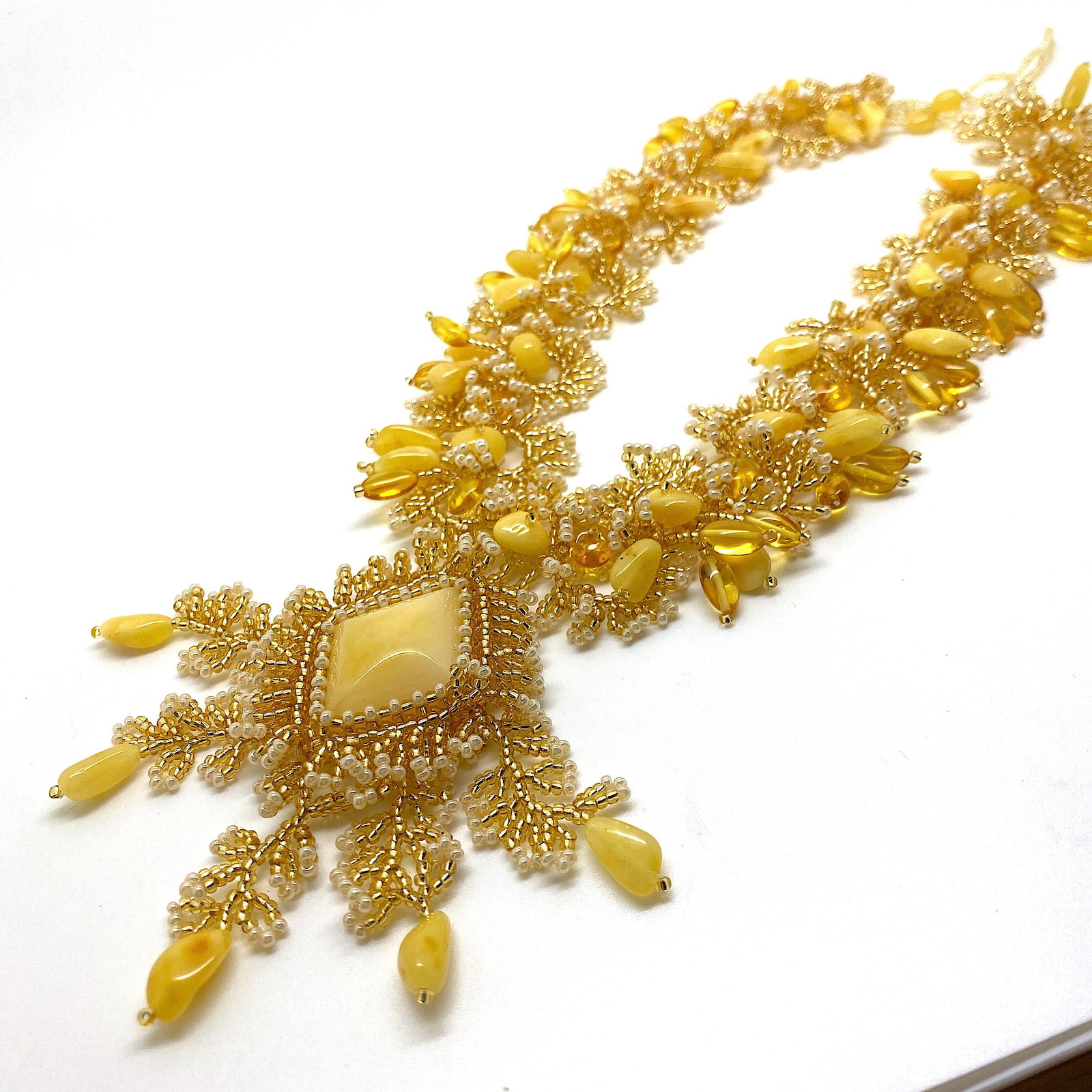 Unique and Outstanding Amber Floral Necklace made from leaf like bead ornaments - 5