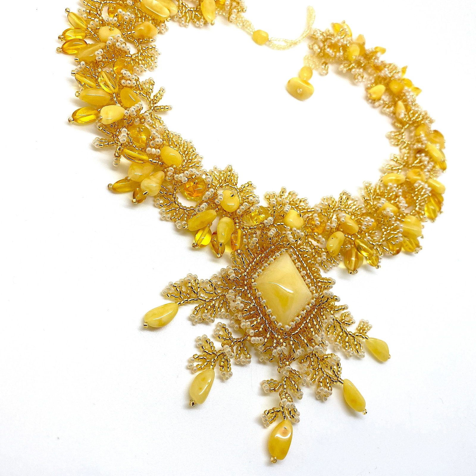 Unique and Outstanding Amber Floral Necklace made from leaf like bead ornaments - 6