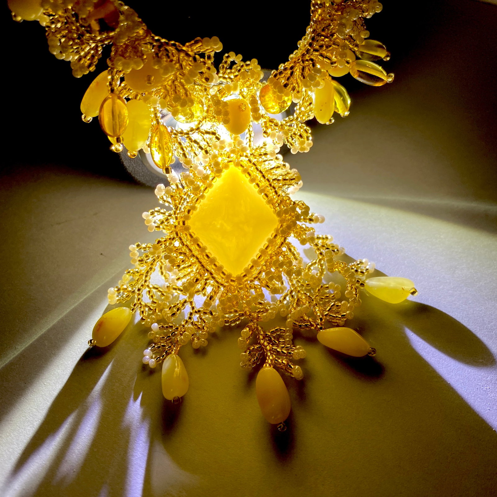 Unique and Outstanding Amber Floral Necklace made from leaf like bead ornaments - 8