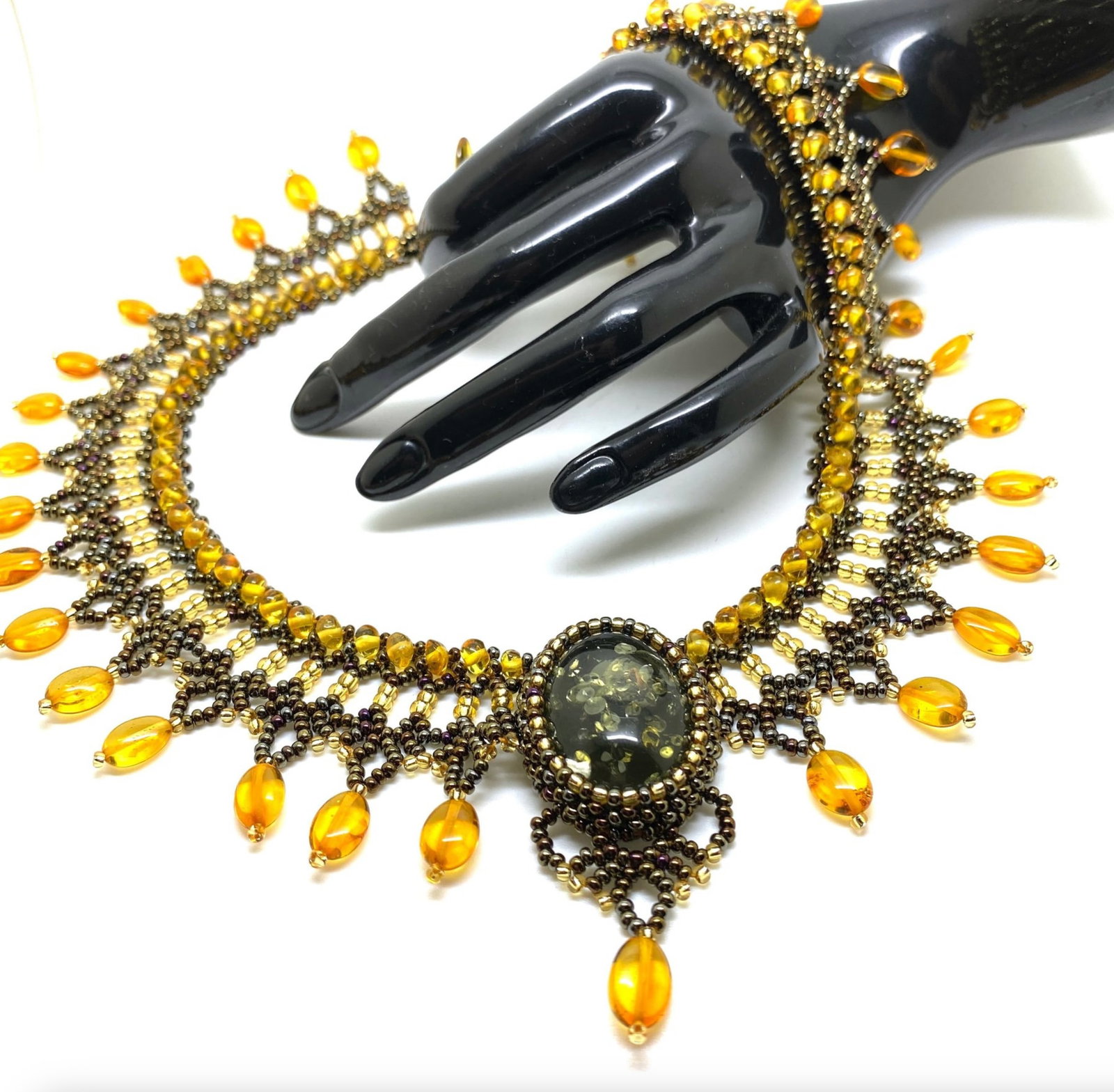 Impressive Vintage Amber Floral Necklace made from leaf like bead ornaments - 8
