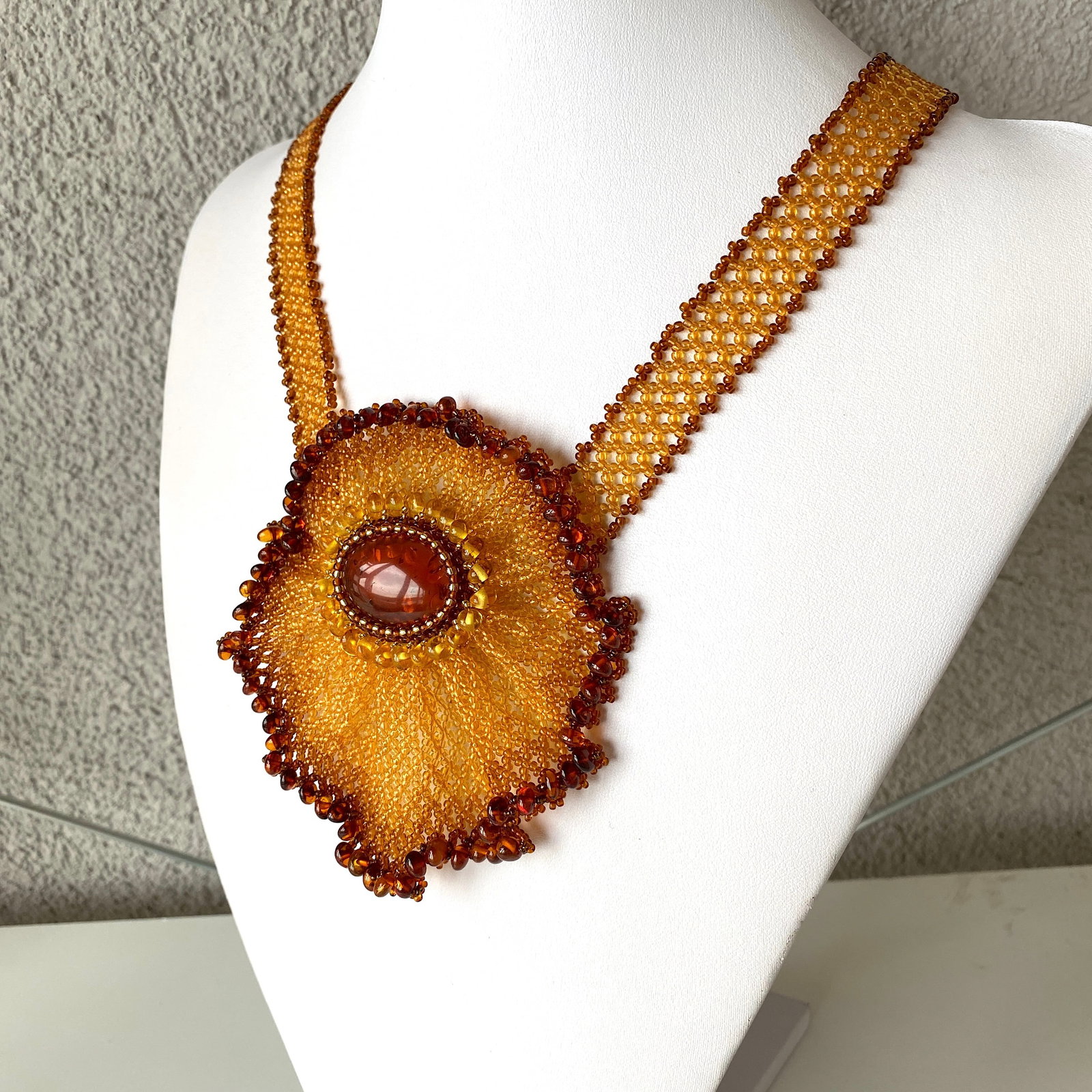 Unique and Alluring Amber Floral Necklace made from leaf like bead ornaments - 9