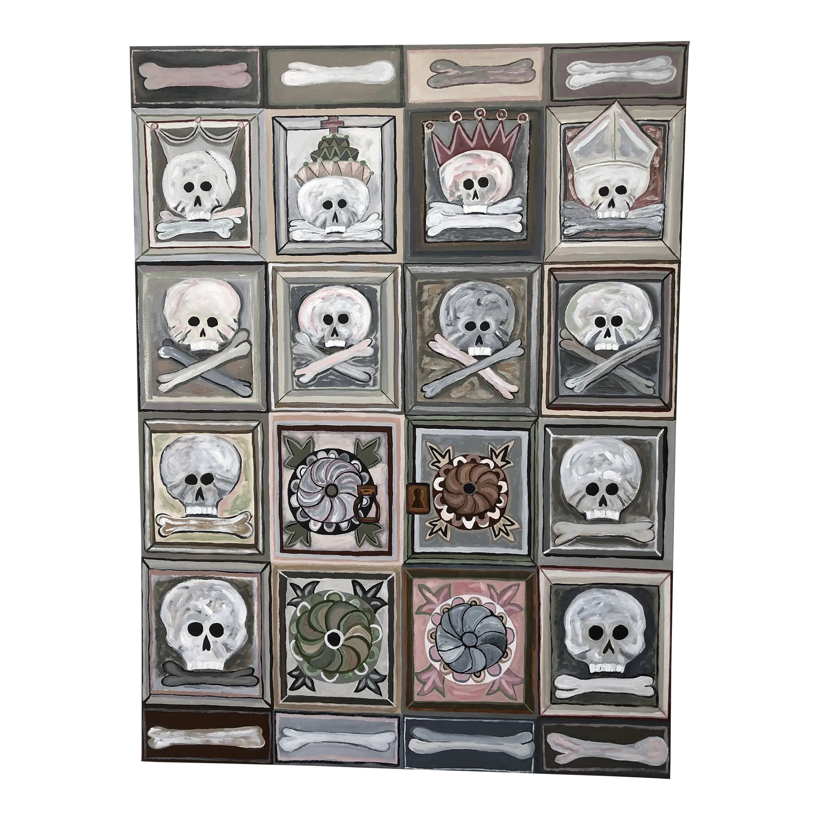 Large Original Painting of Skull Motif Italian Door: Large new bold rectangular painting on canvas that's a graphic rendering of skulls and bones inspired by a carved door seen in Matera Italy. Colors include a striking palette of black, white, grey,