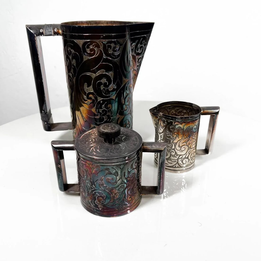 1900s Hand Wrought Embossed Sterling Silver Pitcher Set Creamer and Sugar - 13