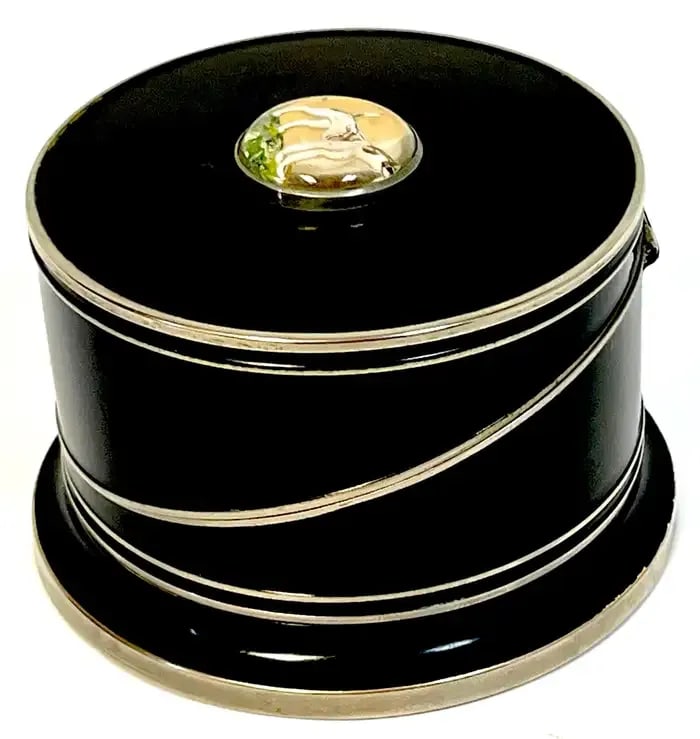 Early 20th Century Art Deco Black Enameled & Crystal Dog Intaglio Motif Coaster Box Set - 10