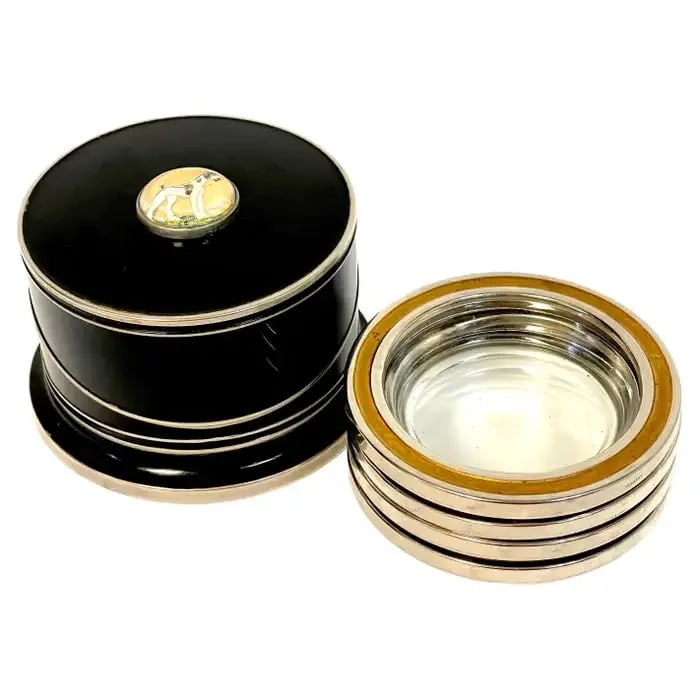 Early 20th Century Art Deco Black Enameled & Crystal Dog Intaglio Motif Coaster Box Set - 11