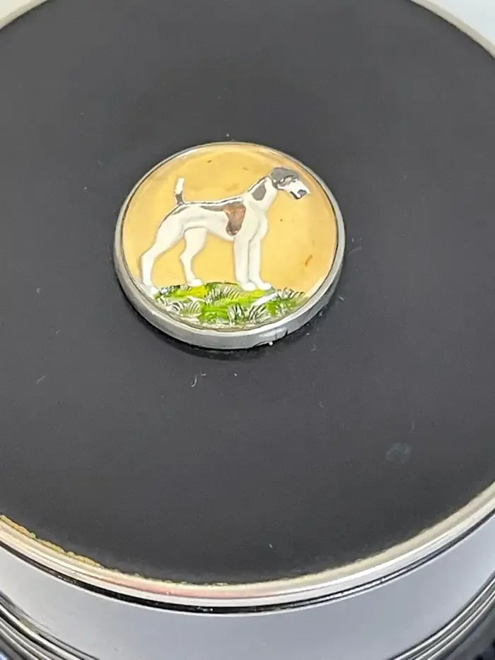 Early 20th Century Art Deco Black Enameled & Crystal Dog Intaglio Motif Coaster Box Set - 2