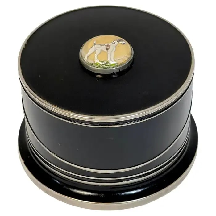 Early 20th Century Art Deco Black Enameled & Crystal Dog Intaglio Motif Coaster Box Set - 3