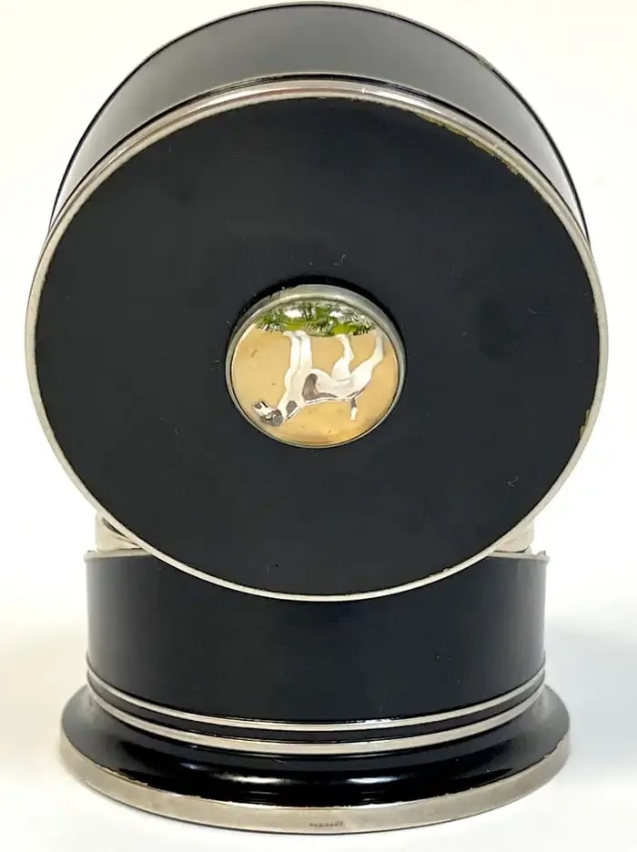 Early 20th Century Art Deco Black Enameled & Crystal Dog Intaglio Motif Coaster Box Set - 4