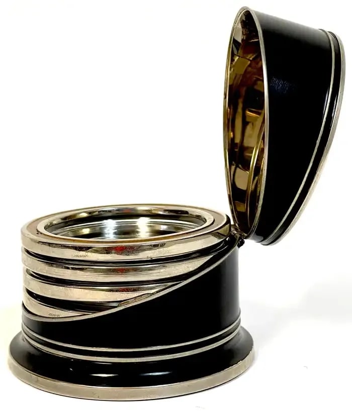 Early 20th Century Art Deco Black Enameled & Crystal Dog Intaglio Motif Coaster Box Set - 5