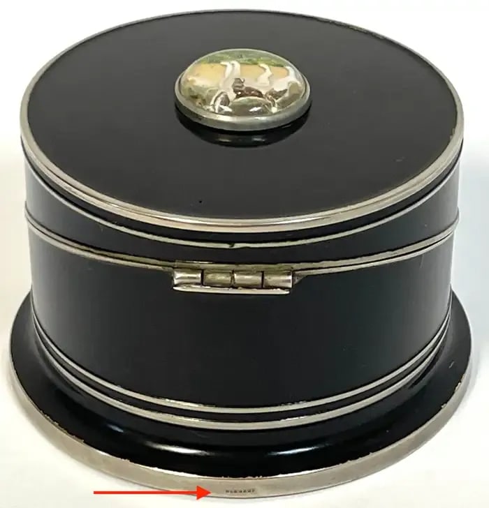 Early 20th Century Art Deco Black Enameled & Crystal Dog Intaglio Motif Coaster Box Set - 7