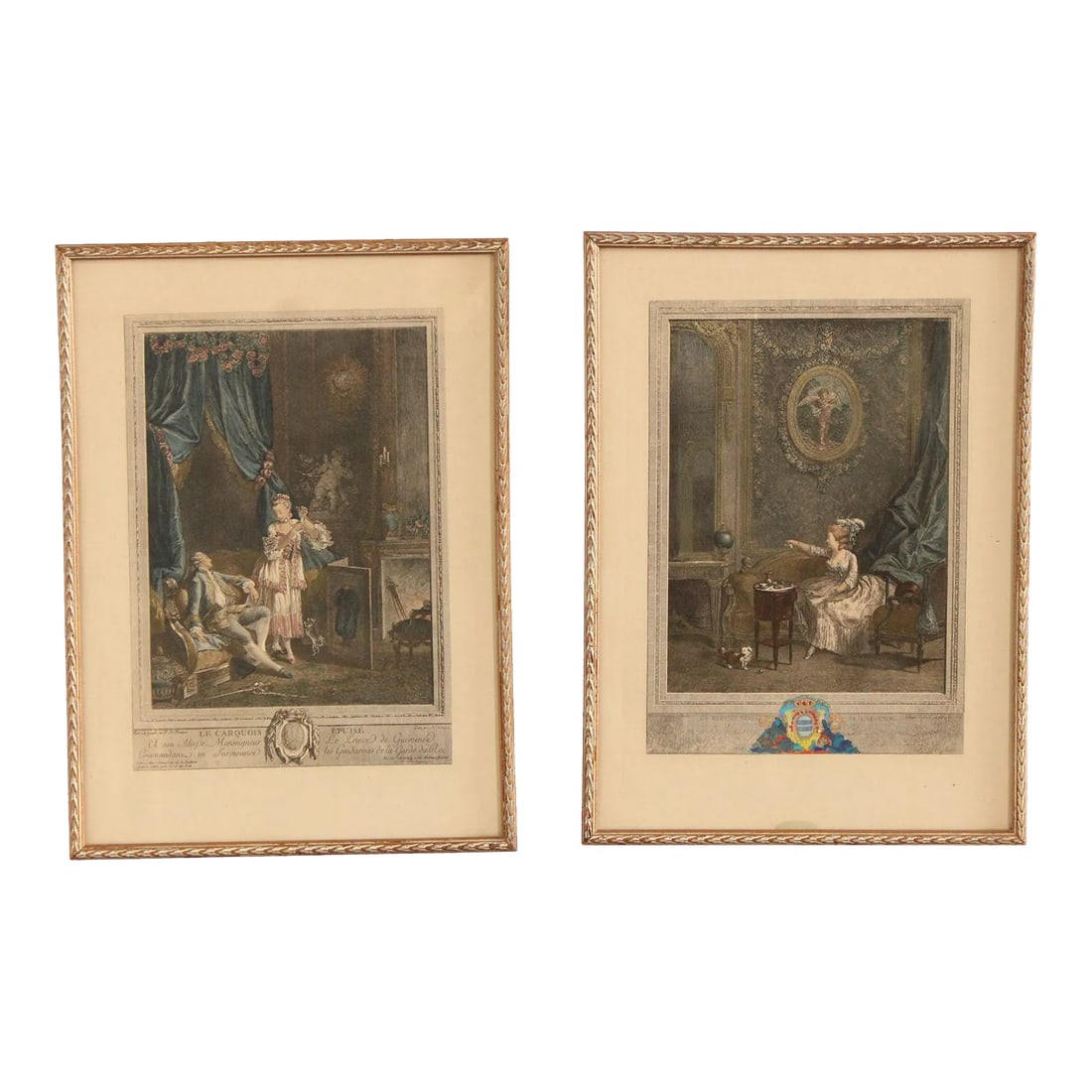 Antique French Pair Colored Engravings, After Nicolas de Launay: Antique 18th Century Rococo Style Pair of Hand-Colored Engravings After Nicolas de Launay (French, 1739-1792), 'La Consolation de l'absence' and 'La Carquois Epuise', Each Set in Custom Gold Frame