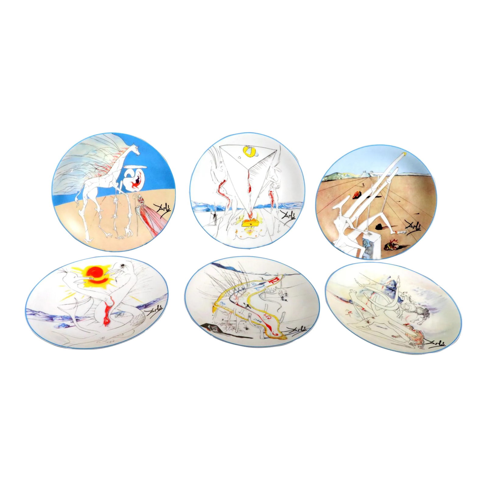 Six Limoges Transfer-Printed Porcelain Cabinet Plates Designed by Salvador Dali- ''Le Conquete Du Co: Cosmic Surrealism: Salvador DalÃ­'s 'La ConquÃªte du Cosmos' Plates ________________________________________ This is a rare, limited-edition set of six porcelain cabinet plates